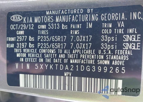 2013 Kia Sorento Lx V6 z USA, uszkodzony, nr VIN 5XYKTDA21DG399265